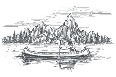 Native american in canoe boat