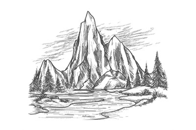 Mountain lake with pine trees