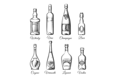 Alcohol bottles in hand drawn style