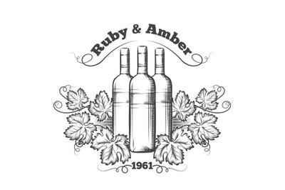 Wine label with bottles and grapes