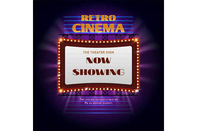 Retro hollywood cinema 3d glowing light sign. Movie light display bill