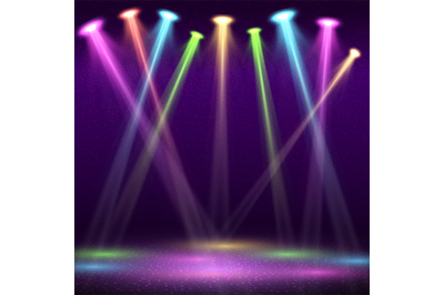 Modern interior of nightclub with empty show stage and color spot ligh