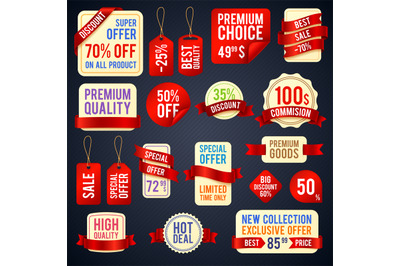 Holiday sale ribbon banners and sticker badges with promotional text v