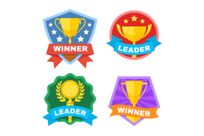 Achievement, champ and contest vector logo set with gold trophy cup