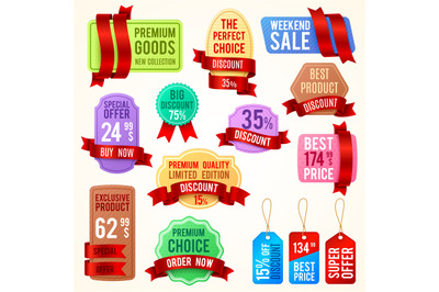 Sale and discount price tags, ribbon banners with promo text. Promotio