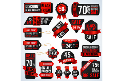 Black friday sale banners and price tag labels, selling card and disco