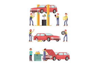 Car repair auto service with mechanic characters in uniform vector set