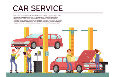 Automobile service and vehicle check vector background with car and me