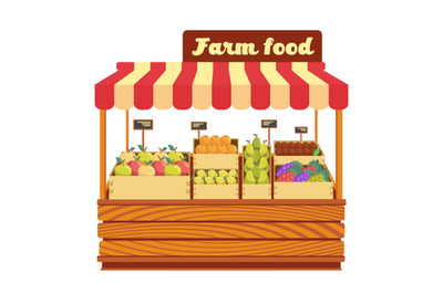 Market wood stand with farm food and vegetables in box vector illustra