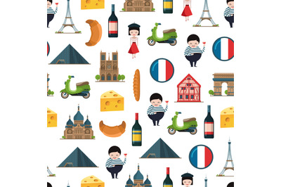 Vector cartoon France sights and objects background or pattern illustr