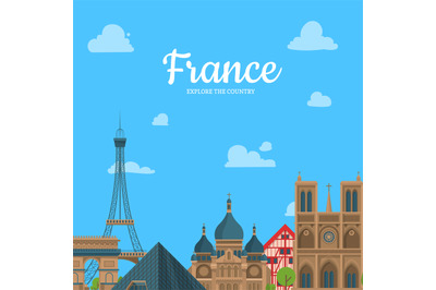 Vector cartoon France sights and objects background with place for tex