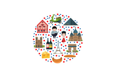 Vector cartoon France sights and objects illustration