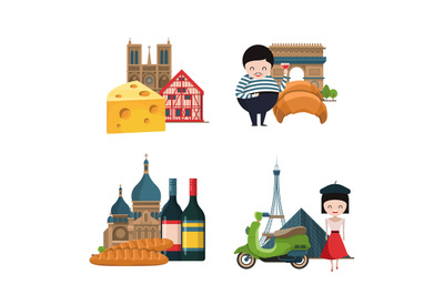 Vector cartoon France sights and objects piles set illustration