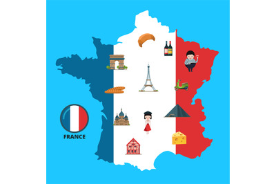 Vector cartoon France sights on France map illustration