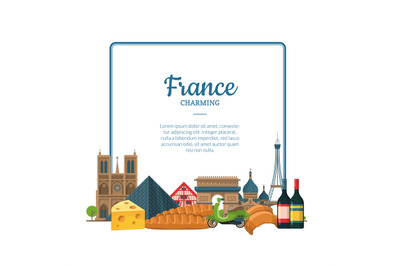 Vector cartoon France sights and objects. Paris text frame