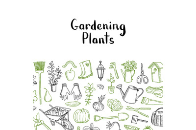 Horticulture and plants sketch pattern. Vector gardening icons backgro