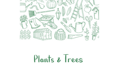 Vector gardening doodle icons background with place for text illustrat