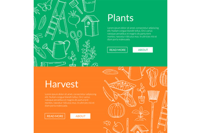 Vector gardening doodle icons horizontal web banners illustration