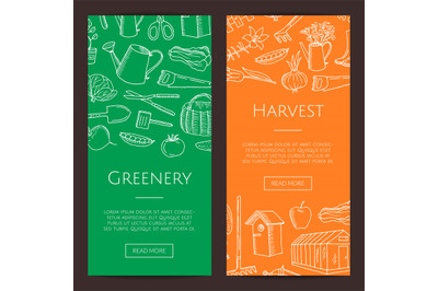 Vector gardening doodle icons vertical banners illustration