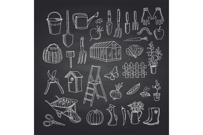 Vector gardening doodle icons on black chalkboard illustration