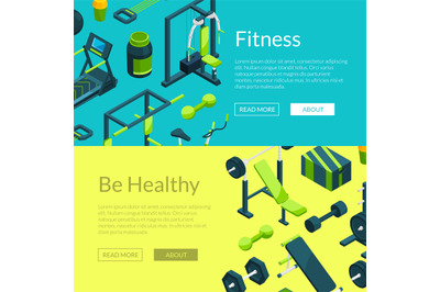 Fitness and power club cards. Vector isometric gym banners illustratio