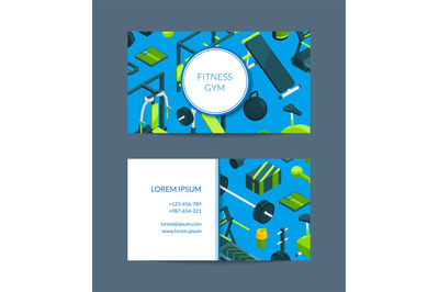 Fitness and sports club cards. Vector isometric gym card illustration