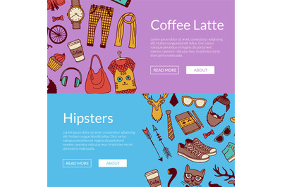 Vector hipster doodle icons horizontal banners illustration