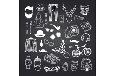 Vector hipster doodle icons on black chalkboard illustration