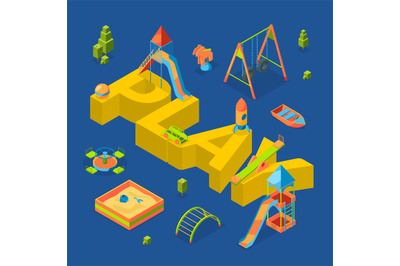 Vector isometric playground objects around word play concept illustrat