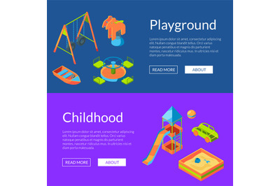 Vector isometric playground web banners illustration. Childhood and fu