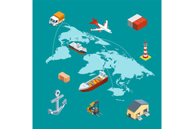 Vector isometric marine logistics and worldwide shipping on world map