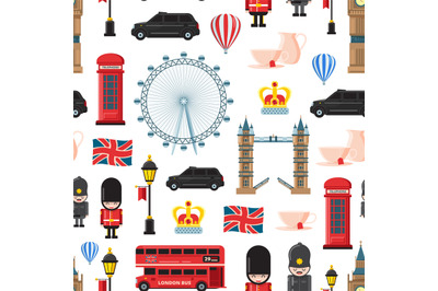 Vector cartoon London sights and objects background or pattern illustr