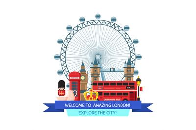 Vector cartoon London sights and objects illustration