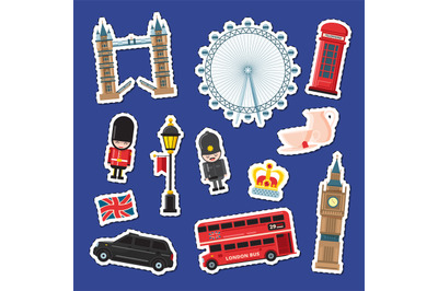 Vector cartoon London stickers set illustration. England attractions b