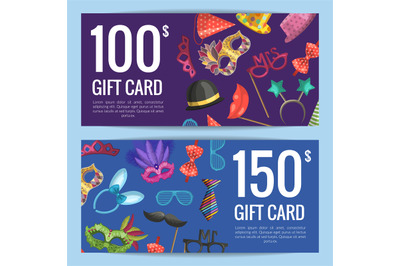 Vector discount or gift card voucher with masks and party accessories