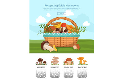 Vector landing page illustration with cartoon mushrooms