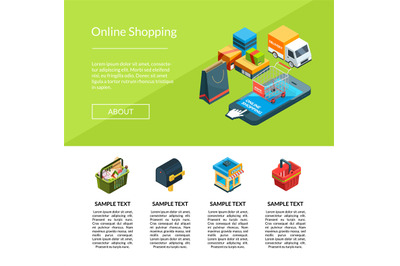 Vector isometric online shopping icons website landing page template i