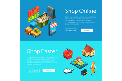 E-shopping banners. Vector isometric online shopping icons illustratio