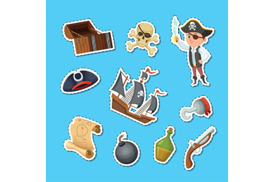 Vector cartoon sea pirates stickers set illustration