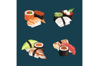 Vector cartoon sushi types piles set