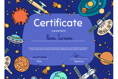 Vector diploma or certificate for children with hand drawn space eleme
