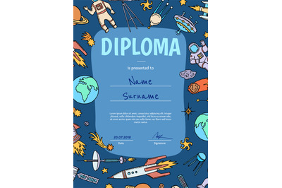 Vector diploma or certificate for children with hand drawn space illus