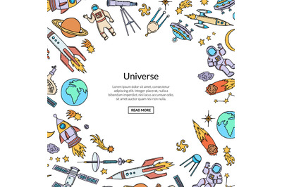 Vector hand drawn space rocket background with place for text illustra