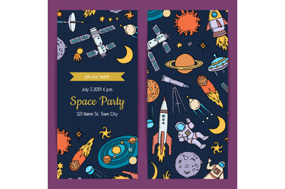 Vector invitation for birthday party with space ship illustration