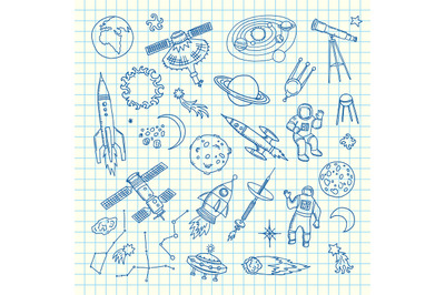 Space doodle elements. Vector hand drawn space shuttle elements