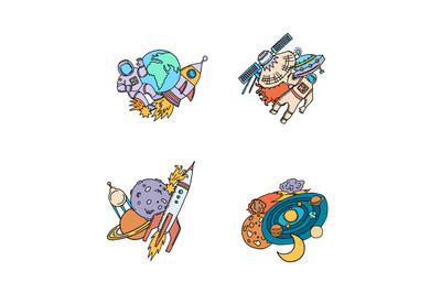 Vector hand drawn space elements planet, rocket