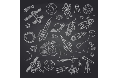 Vector hand drawn space elements on black chalkboard illustration