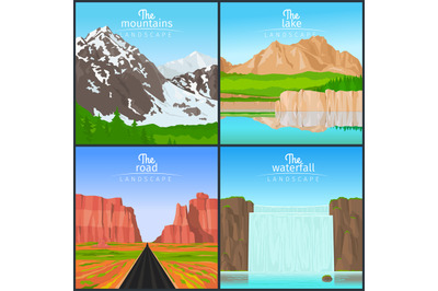 Mountains and waterfall landscape set