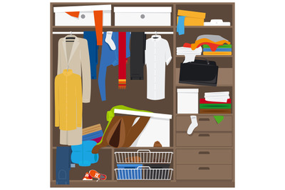 Open wardrobe with mess clothes