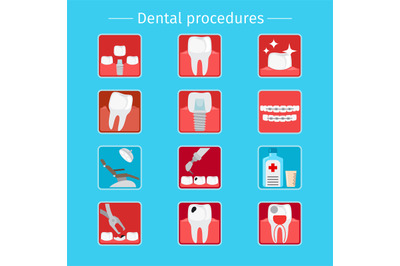 Stomatology and dental procedures flat icons